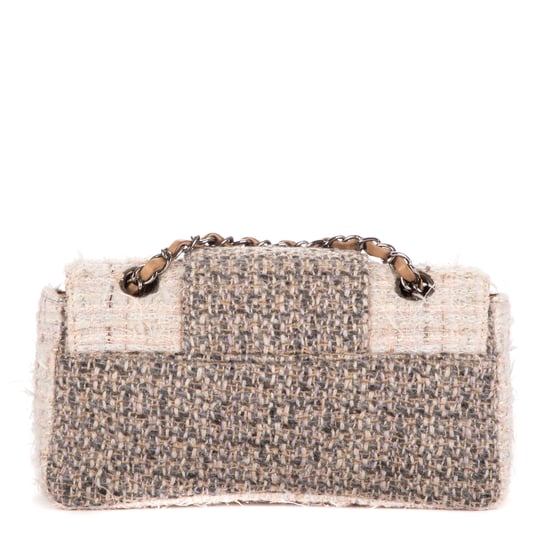 Chanel Vintage Tweed Turnlock Single Flap en Beige/Gris Lienzo - Image 4