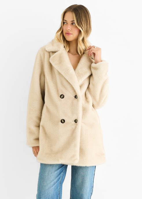 Chaqueta larga cruzada de pelo sintético beige - Image 3