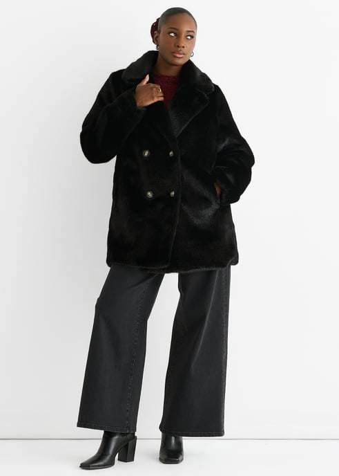 Chaqueta larga de doble botonadura de piel sintética negra - Image 1