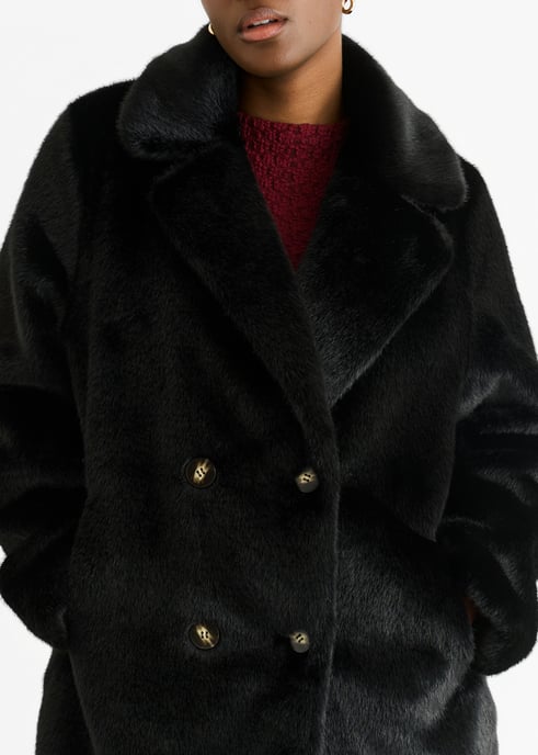 Chaqueta larga de doble botonadura de piel sintética negra - Image 2