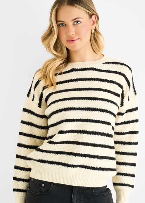 Jersey oversize de punto grueso con rayas beige - Image 2