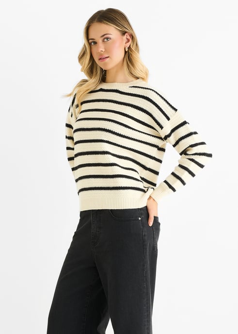Jersey oversize de punto grueso con rayas beige - Image 3