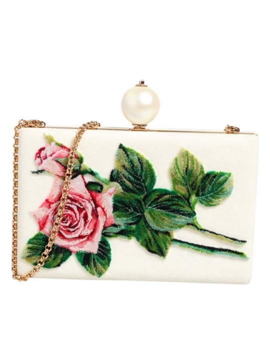 Bolso de Mano en Seda Bordada con Rosa Blanca y Marco de Oro - Image 1