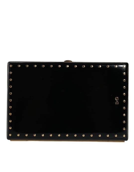 Bolso de mano de cuero negro con tachuelas y marco dorado - Image 1