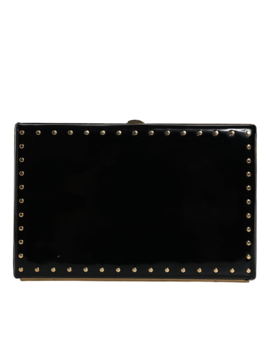 Bolso de mano de cuero negro con tachuelas y marco dorado - Image 2