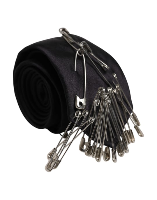 Corbata ajustable de seda con alfileres de seguridad negros - Image 1