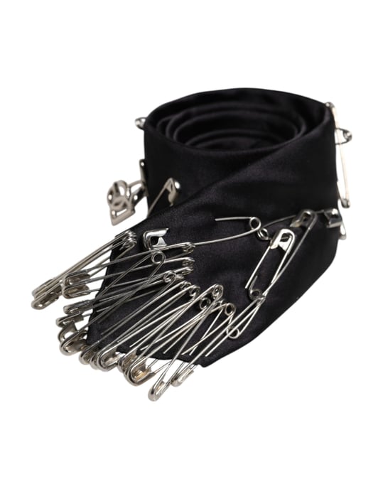 Corbata ajustable de seda con alfileres de seguridad negros - Image 2