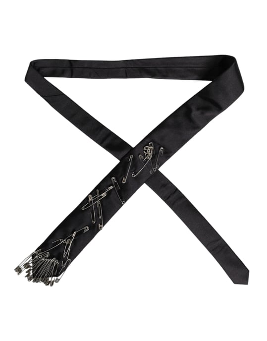 Corbata ajustable de seda con alfileres de seguridad negros - Image 3