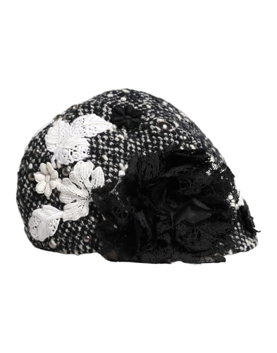 Sombrero cloche de lana negra embellecido con flores blancas - Image 2
