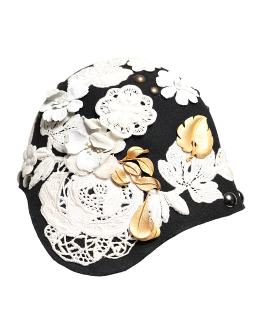 Sombrero Cloche de Lana Negra con Flores Blancas y Hojas Doradas - Image 2