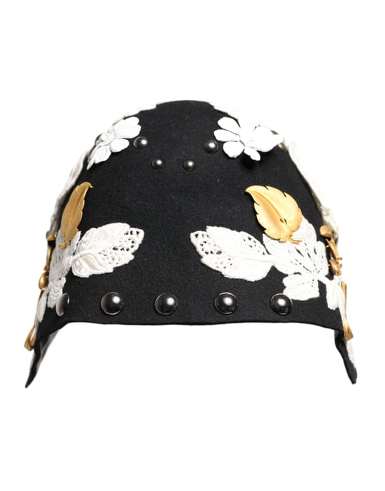 Sombrero Cloche de Lana Negra con Flores Blancas y Hojas Doradas - Image 3