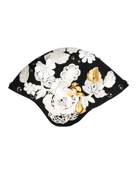 Sombrero Cloche de Lana Negra con Flores Blancas y Hojas Doradas - Image 4
