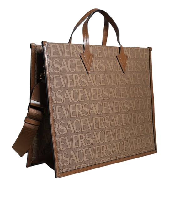 Bolso Tote Crossbody de Cuero Jacquard con Logo y Asa Superior Marrón - Image 3