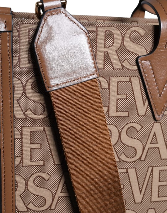Bolso Tote Crossbody de Cuero Jacquard con Logo y Asa Superior Marrón - Image 4