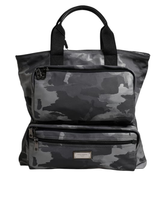 Bolso tote de algodón camuflaje gris con múltiples compartimentos - Image 1