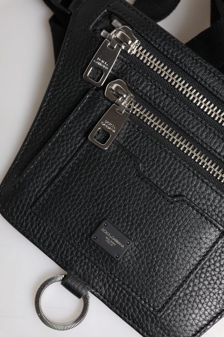 Cinturón de piel de ternera negra con placa de logo para hombres, bolso tipo riñonera - Image 5