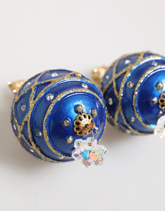 Pendientes de clip en forma de esfera navideña azul de cristal con caída de latón dorado - Image 3