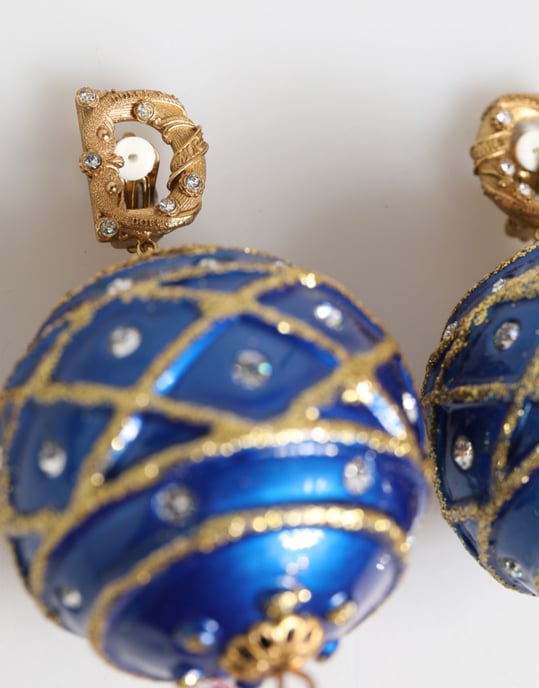 Pendientes de clip en forma de esfera navideña azul de cristal con caída de latón dorado - Image 4