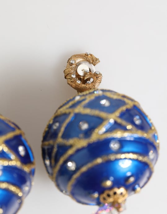 Pendientes de clip en forma de esfera navideña azul de cristal con caída de latón dorado - Image 5