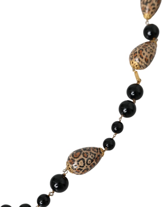 Collar largo de cadena con cuentas impresas en negro de latón tono dorado - Image 2