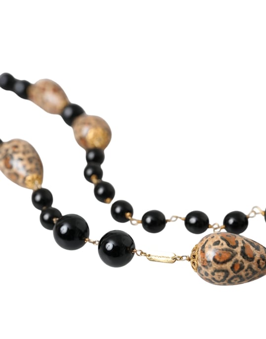 Collar largo de cadena con cuentas impresas en negro de latón tono dorado - Image 3