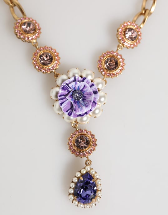Collar de joyería con colgante floral púrpura de perlas de cristal en bronce dorado - Image 2
