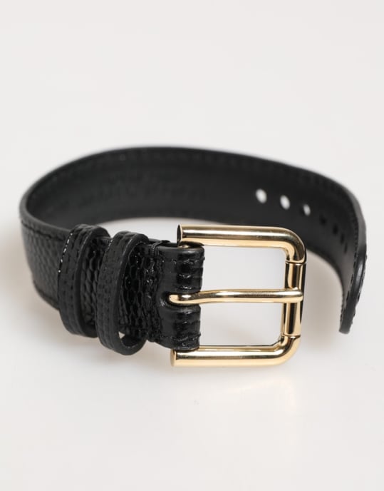 Pulsera de correa de cinturón de cuero negro grabado con hebilla dorada - Image 3