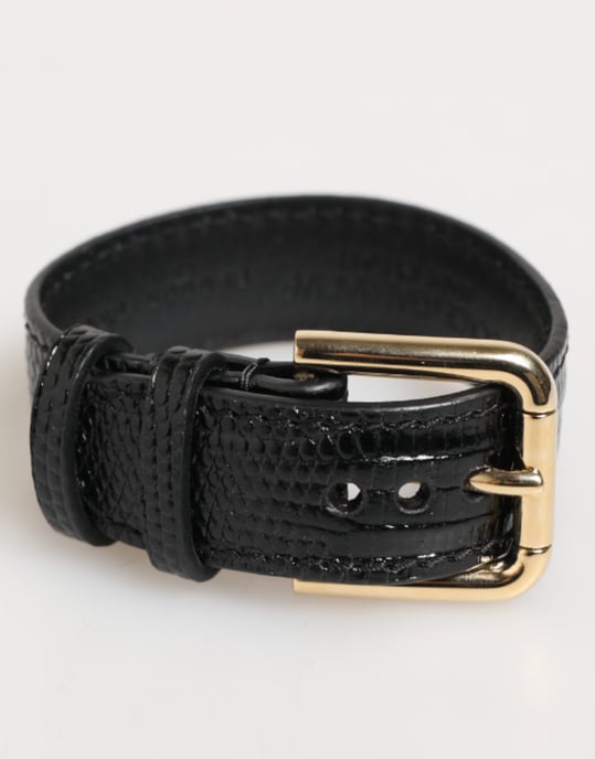 Pulsera de correa de cinturón de cuero negro grabado con hebilla dorada - Image 4