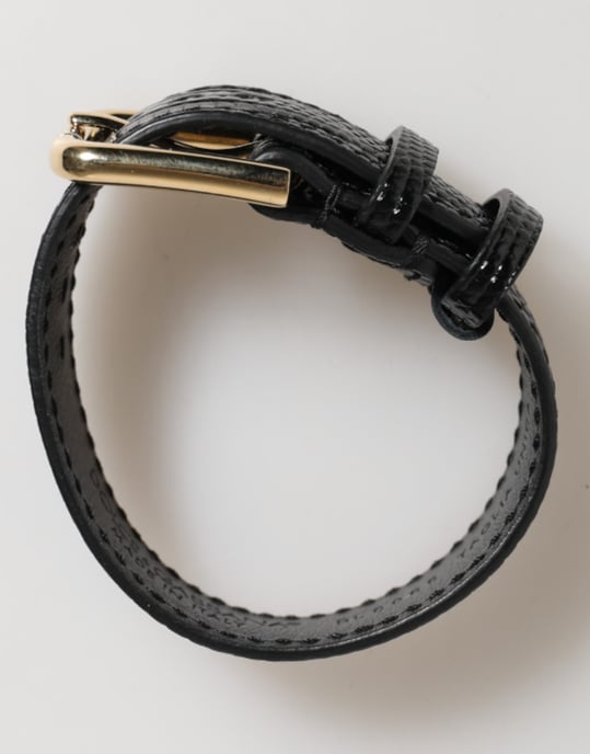 Pulsera de correa de cinturón de cuero negro grabado con hebilla dorada - Image 5