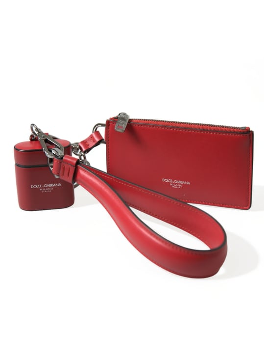 Funda para Airpods con correa de metal plateado y logo, de cuero rojo - Image 1