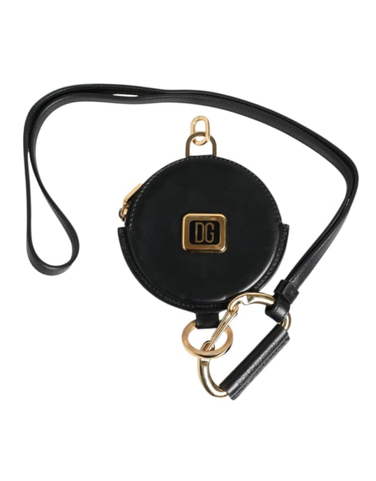 Monedero redondo de cuero negro con logo DG y cordón para llevar. - Image 1