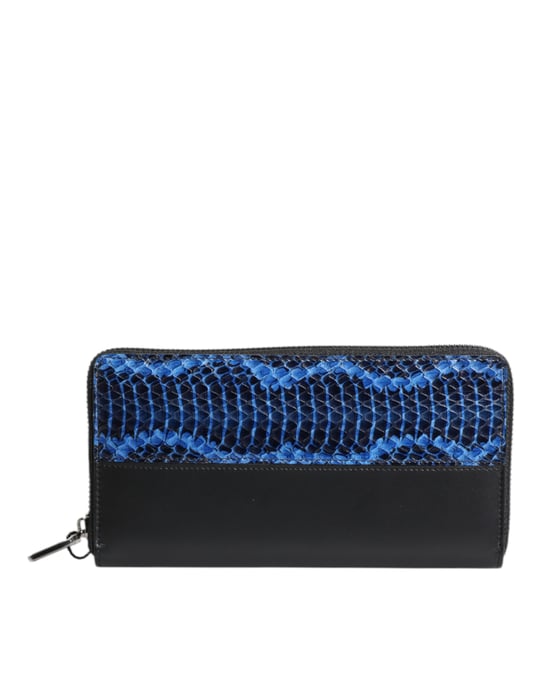 Billetera Continental de Cuero Exótico Embosado en Negro y Azul - Image 4