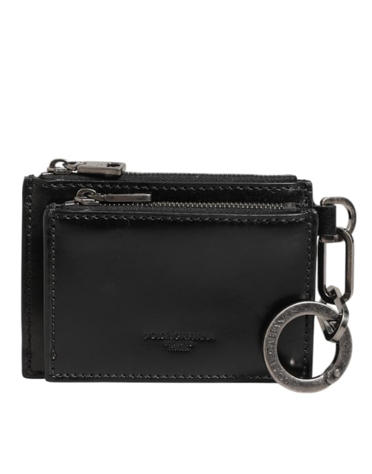Cartera de Monedero con Cremallera de Cuero Negro para Tarjetas y Llavero - Image 1