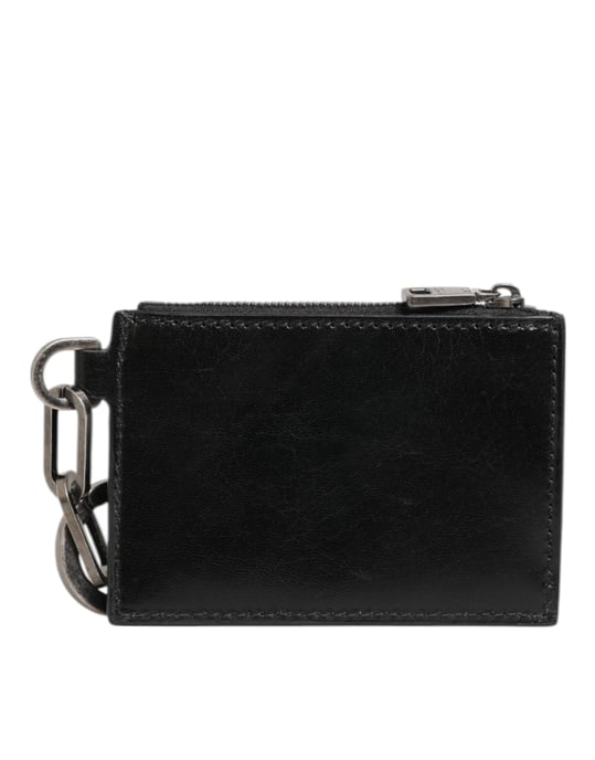 Cartera de Monedero con Cremallera de Cuero Negro para Tarjetas y Llavero - Image 4