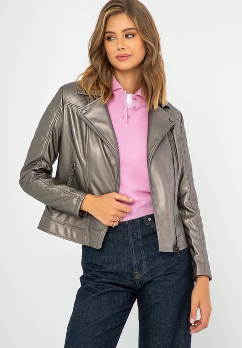 Chaqueta biker para mujer Wittchen de piel ecológica, color marrón metalizado - Image 1