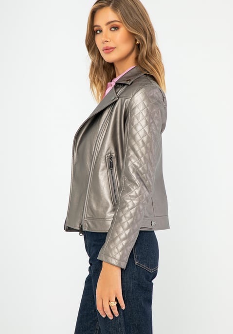 Chaqueta biker para mujer Wittchen de piel ecológica, color marrón metalizado - Image 2