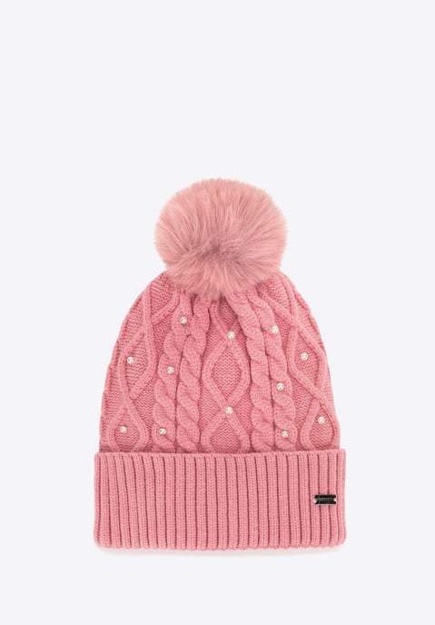Gorro de mujer Wittchen con pompón y perlas de viscosa rosa - Image 2
