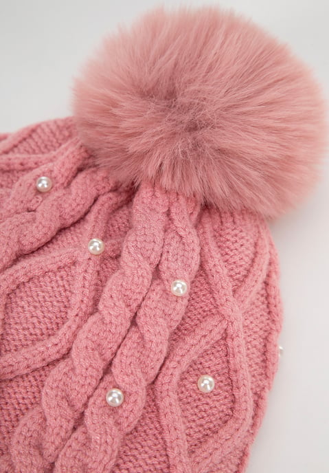 Gorro de mujer Wittchen con pompón y perlas de viscosa rosa - Image 3