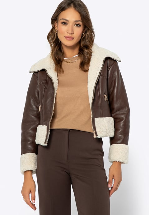 Chaqueta corta de piel sintética marrón con pelo para mujer de Wittchen - Image 2