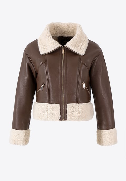 Chaqueta corta de piel sintética marrón con pelo para mujer de Wittchen - Image 5