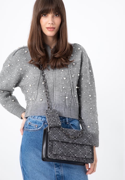 Bolso bandolera vaquero para mujer Wittchen con monograma de algodón gris - Image 5