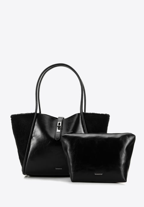 Bolso shopper para mujer Wittchen con inserciones de pelo, negro, piel ecológica - Image 3