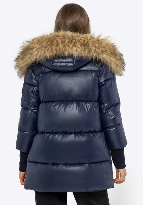 Chaqueta de mujer Wittchen con capucha de piel de nailon azul marino - Image 2