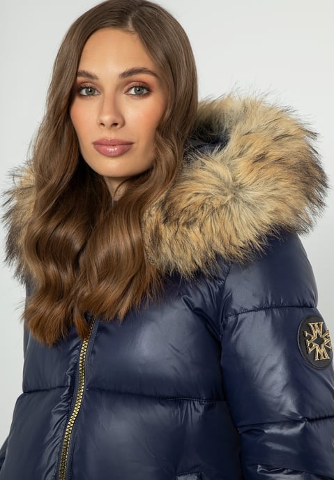 Chaqueta de mujer Wittchen con capucha de piel de nailon azul marino - Image 3