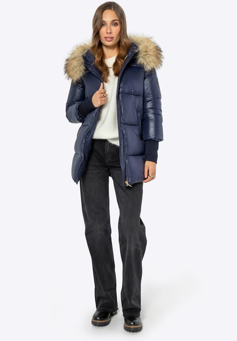 Chaqueta de mujer Wittchen con capucha de piel de nailon azul marino - Image 4