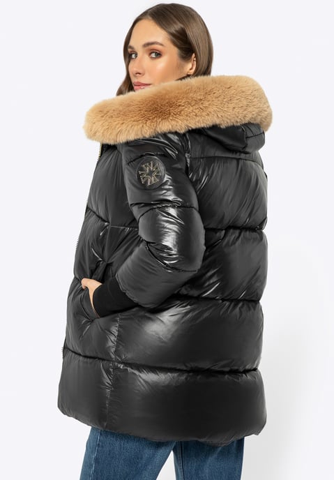 Chaqueta de mujer Wittchen con capucha de piel de nailon negro - Image 2