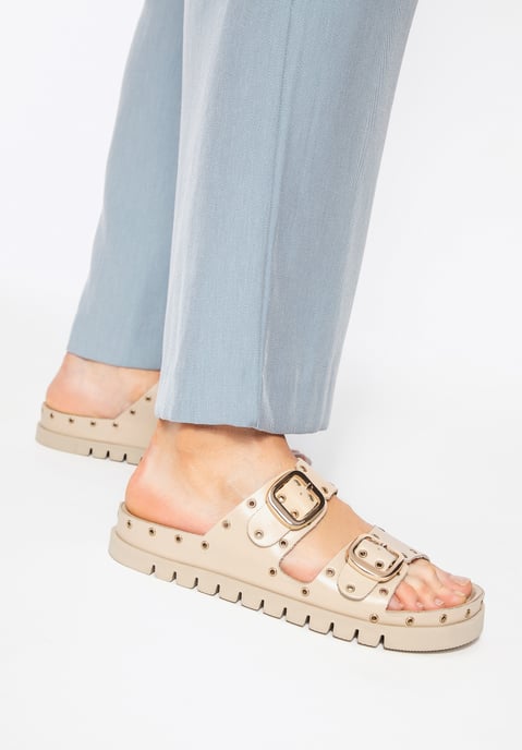 Wittchen Mules de mujer de piel con detalles metálicos beige y dorado piel - Image 2