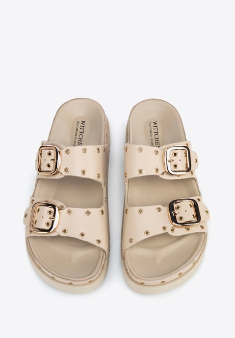 Wittchen Mules de mujer de piel con detalles metálicos beige y dorado piel - Image 4