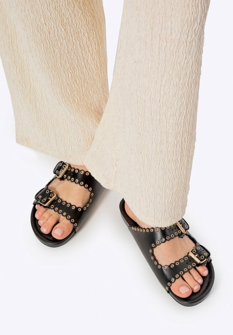 Chanclas de piel para mujer Wittchen con tiras decorativas en piel natural negra - Image 2