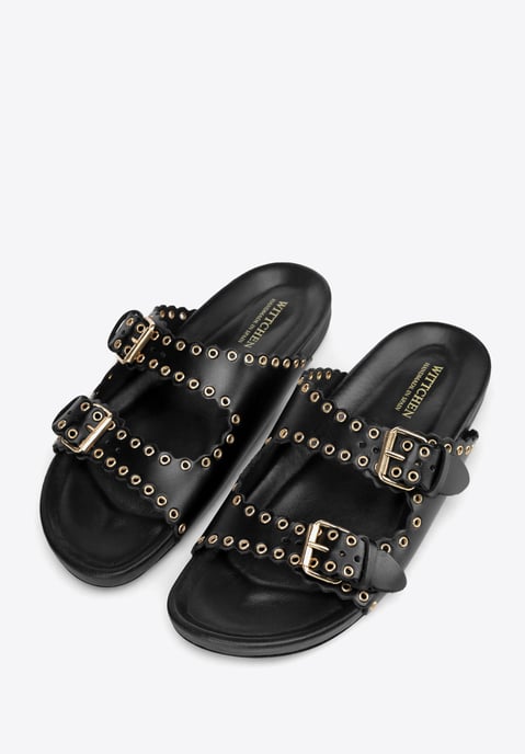 Chanclas de piel para mujer Wittchen con tiras decorativas en piel natural negra - Image 3